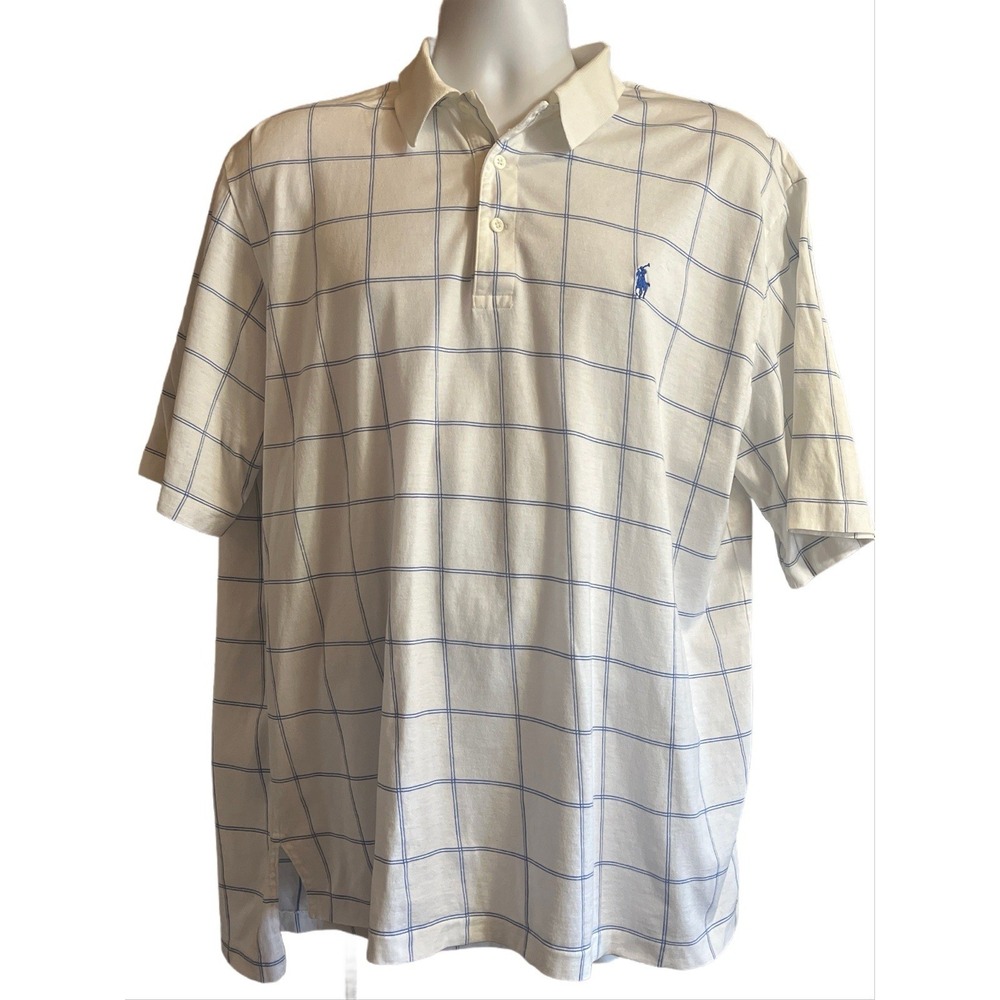 Vintage Polo Golf Ralph Lauren Mens Polo Shirt Large White Blue Grid Plaid 90s